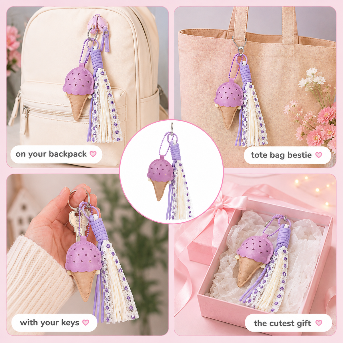 Pastel ice cream keychain charm with multi-layered lace – photo 3