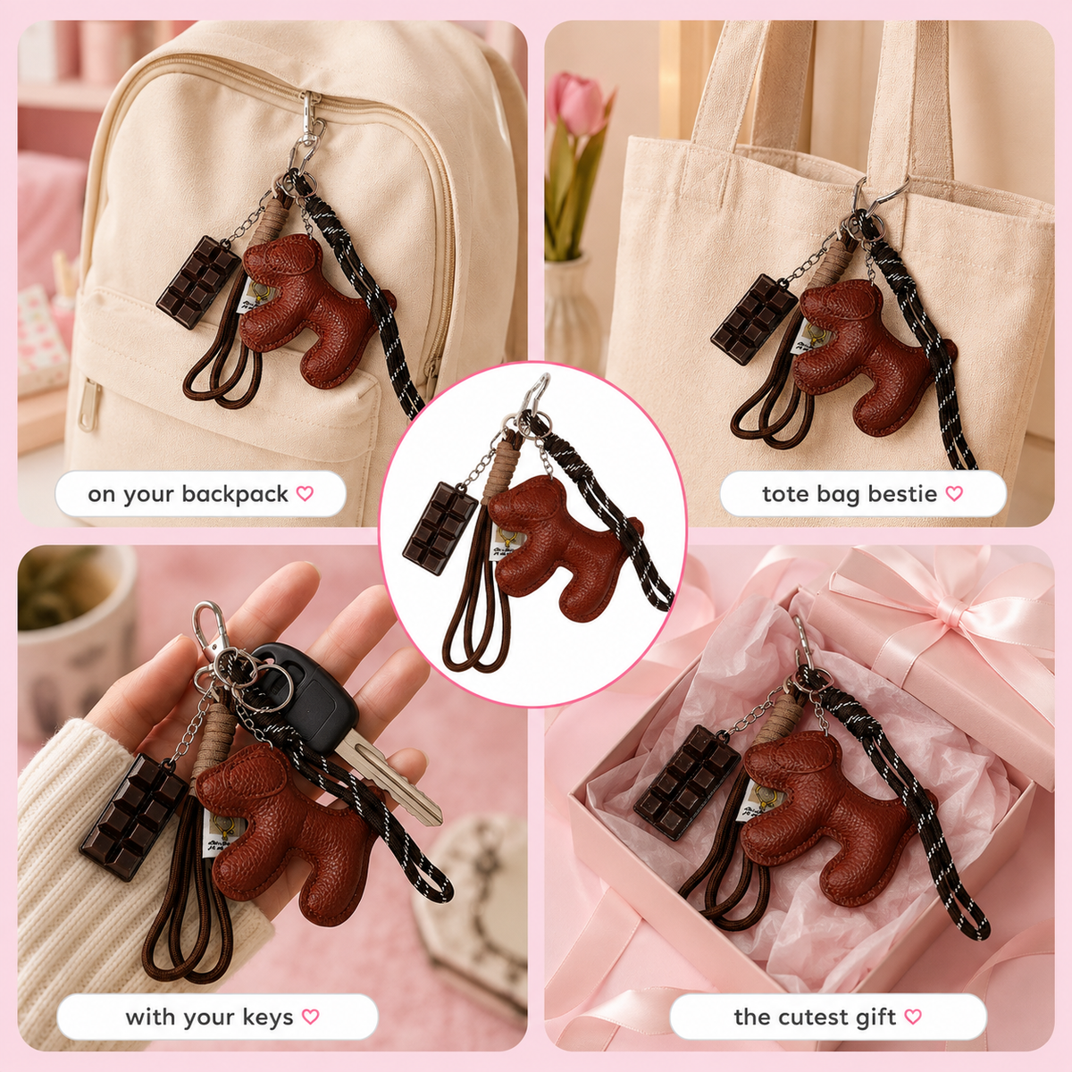 Brown dog bag charm with decorative cords and metal hook – photo 3