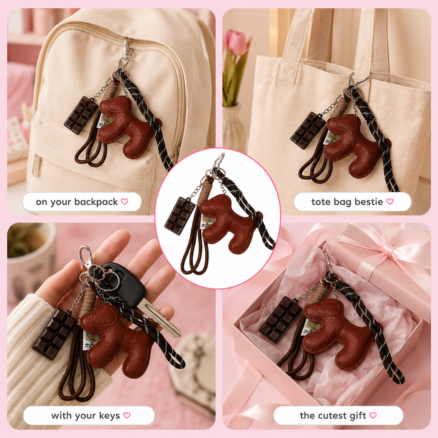 Brown dog bag charm with decorative cords and metal hook – photo 3
