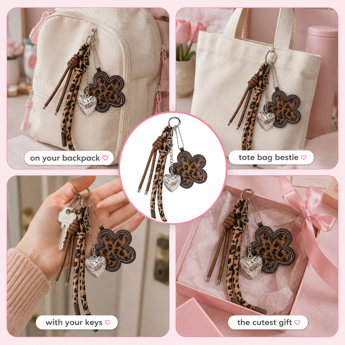 Leopard bag charm with metal heart charm and sturdy hook – photo 3