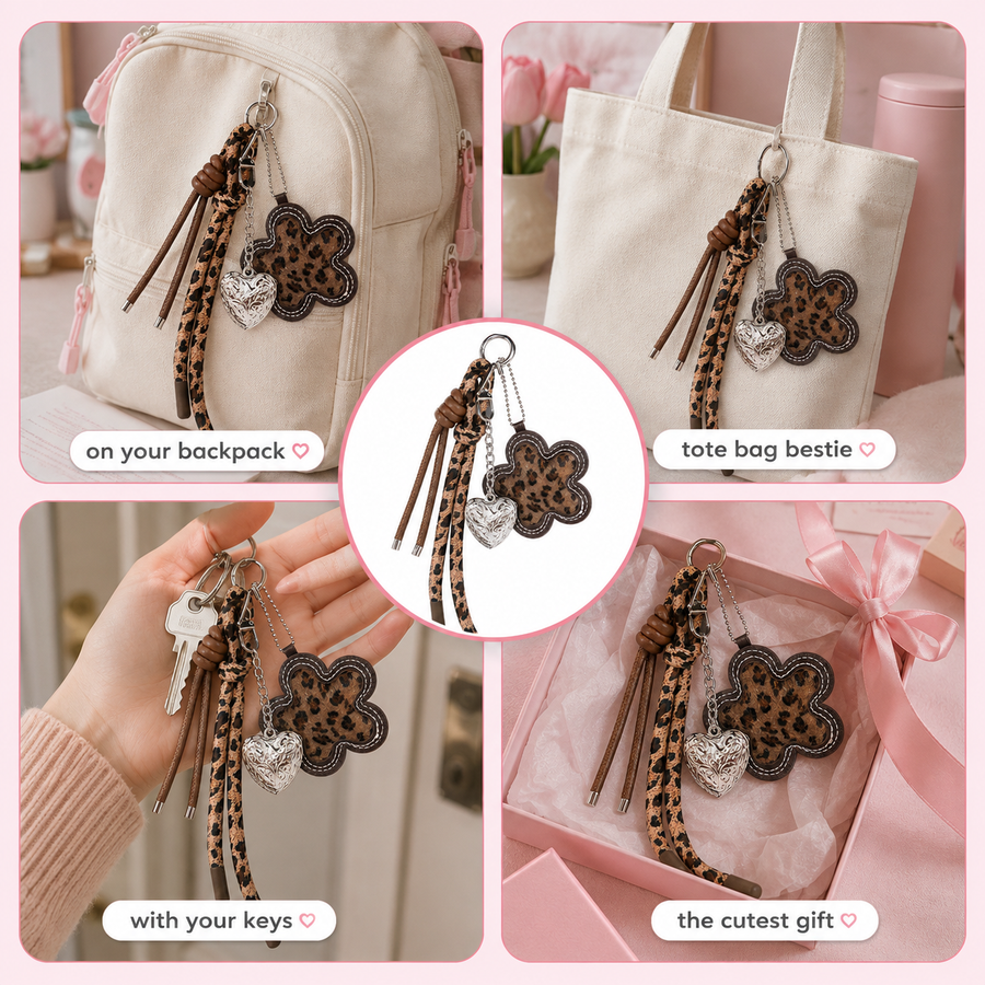 Leopard bag charm with metal heart charm and sturdy hook – photo 3