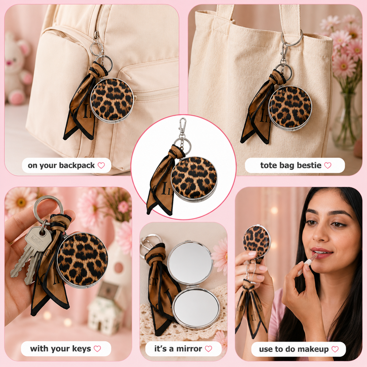 Leopard Pocket Mirror Bag Charm – Compact Makeup Mirror Keychain