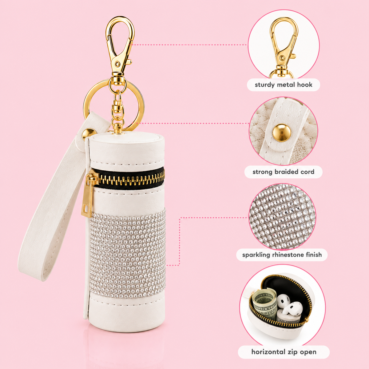 Rhinestone Cylinder Mini Pouch Keychain – Sparkly Zipper Bag Charm