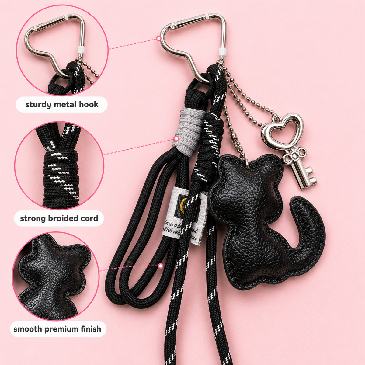 Multi-layered black cat keychain charm with metal hook – photo 4