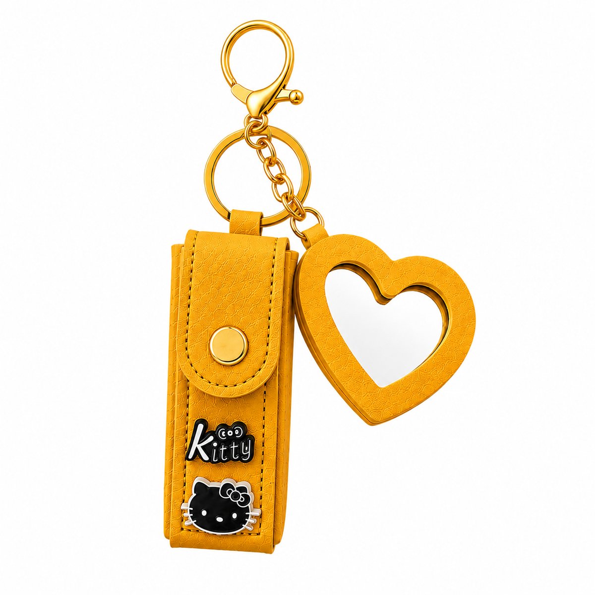 Golden Heart Lipstick Holder Charm – Cute Kitty Keychain with Mirror