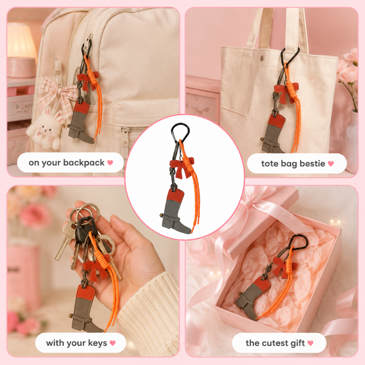 Orange Luxe Boot Bag Charm – Handcrafted Leather Boot & Bow Keychain Charm