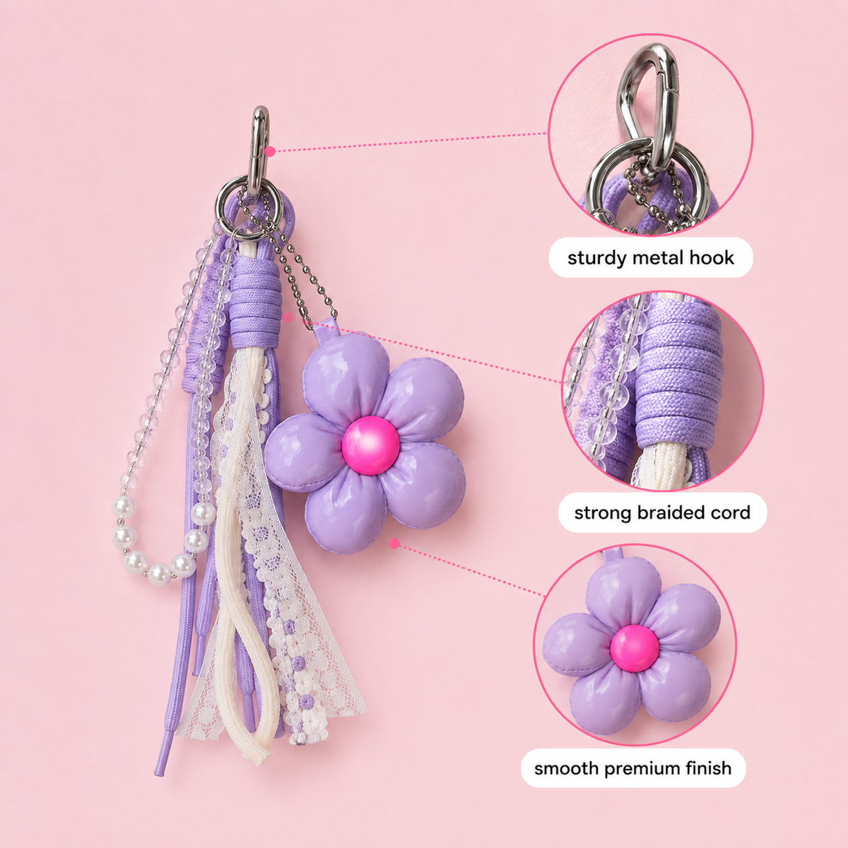 Detachable pastel flower bag charm for handbags and keys – photo 4