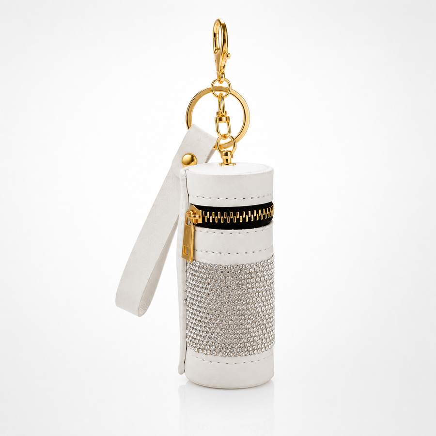 Rhinestone Cylinder Mini Pouch Keychain – Sparkly Zipper Bag Charm