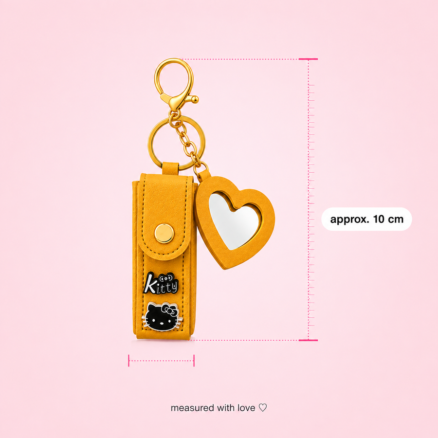 Golden Heart Lipstick Holder Charm – Cute Kitty Keychain with Mirror